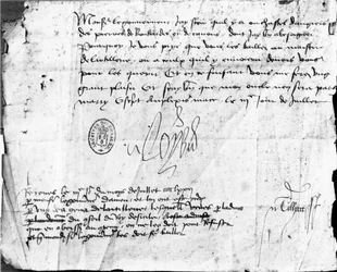 Signatur av Louis XI på et brev til guvernøren i Anjou, datert 3. juli 1472 (blekk på papir)