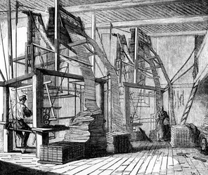 Silkearbeidere i et verksted i Lyon med en jacquardvevstol, ca. 1880