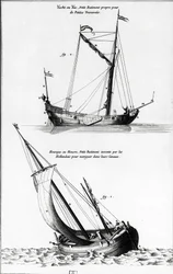 Skisse av båter: en yacht eller yac og en hourque eller hollock, som er en liten båt oppfunnet av nederlenderne for å navigere i kanalene - i "" Diderot encyclopedia"", vol 7 Marine, gravering, Bibl. Mazarine.