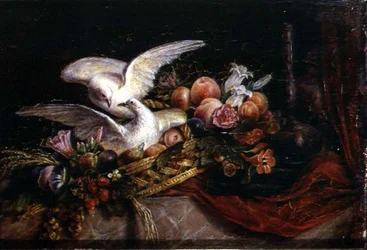 Stilleben med to hvite duer, ca. 1840 (akvarell på glass)