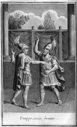 Slå til, men hør, svar gitt av Alcibiades (450-404 f.Kr.), athensk statsmann og strateg på truslene fra Eurybiades. I "" Skjønnheter fra gammel historie eller minneverdige fakta og ordtak fra store menn""