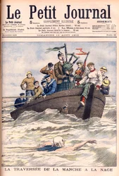 Svømmer den engelske kanal. Engelskmannen Jabez Wolffe gjør det første av sine 22 mislykkede forsøk på å svømme over kanalen. La traversée de la manche a la swim av Jabez Wolffe (1877-1943) - Illustrasjon for Le petit Journal
