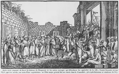 Tar av Alger, fransk hær på vei inn i kasbahen, illustrasjon fra en populær almanakk, 1831