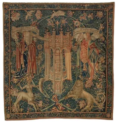 Tapestry, Sibylla Hellespontica og Phrygia (ett av sett med seks sibyler, bestående av 46.134 til 46.139) kalt 'The Rothamsted Tapestries', laget i Flandern, Tournai eller Brussel, Belgia, ca. 1530 (ull)