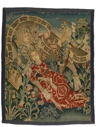 Tapet som viser to scener fra Der Busant 'The Buzzard', fra Alsace, ca. 1475-1500 (ull, silke og metalltråder)