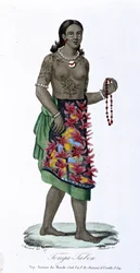 Tatovert kvinne fra Tonga-Tabou - i "" Bibliotheque universelle des voyages"" av Albert-Montémont, red. Armand-Aubree, vol.17