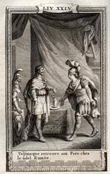 Telemaque finner Ulisse - gravering fra 1798 av Monnet i "Les Aventures de Telemaque, fils d