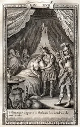 Telemaque tar seg av Phalantes sår og bringer ham asken til broren hans - gravering av 1798 etter Monnet i "Les Aventures de Telemaque, fils d'Ulysse" (Telemachos eventyr) av Francois de Salignac de La Mothe-Fenelon dit Fenelon -