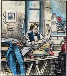 Tekstil, lin. Sytråd kuttet i nøster. Gravering. Epinal avbildning sent på 1800-tallet.
