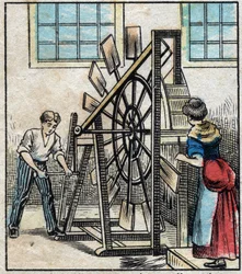 Tekstil, lin. Jordbearbeiding av lin for å få halmen til å falle ved hjelp av møllene og dermed få filassen. Gravering. Epinal avbildning sent på 1800-tallet.
