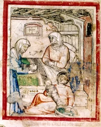 Thamar (Tamar) føder to tvillinger, Perets og Zerah, sønn av Juda, miniatyr fra codex 212 (eller padovano codice eller Bible of Padua) 1390-1400