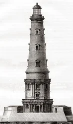 Cordouan-fyret fra 1600-tallet, nær munningen av Gironde-elvemunningen i Frankrike, sett her etter utvidelsen på 1700-tallet, fra Les Merveilles de la Science, publisert ca. 1870 (gravering)