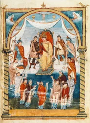 Abbeden Vivian omgitt av munker fra St. Martin av Tours som presenterer boken til Charles II den skallede, 9. århundre (miniatyr)
