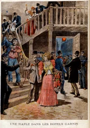 Arrestasjonen av prostituerte i Paris-hoteller (pensjonat) - En oversikt over hotellene fylt ut - i "Le Petit Journal" av 04.08.1895 (gravering)