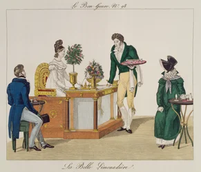 The Beautiful Lemonade-selger, plate 98 fra le Bon Genre, ca. 1810 (fargegravering)