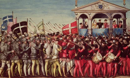 The Cortege of Drummers and Soldiers ved Royal Entry Festival of Henri II (1519-59) til Rouen, 1. oktober 1550