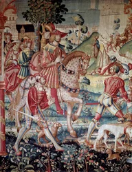 Den fortapte sønnens avreise. Veggteppe av ull og silke laget i Tournai omkring 1520. Paris, Nasjonalmuseet for middelalderen, Thermes de Cluny