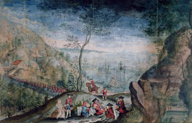 Ilandstigningen av 50 soldater fra det sveitsiske regimentet Karrer ved Louisbourg på øya Cap-Breton mellom 1722-33 (wc på papir)