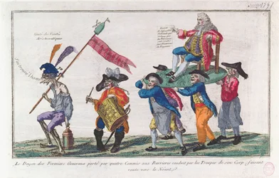 Doyen fra Fermiers Generaux bæres av vaktene hans mot Nothingness, 1791 (håndfarget akvatint)