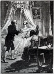 Hertuginnen av Berry (Marie Caroline, prinsesse av de to Siciliene, hertuginne av Berry (1798-1870) ved festningen Blay mottar doktor Louis Charles Deneux (1767-1846) - Gravering -