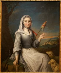Hertuginnen av Villars (?) i en bergere som holder en cattail. Fransk maleri, olje på lerret, 80 x 63,6 cm, første halvdel av 1700-tallet. Musee de Tesse, Le Mans.
