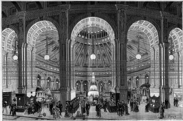 The Electricite Exhibition in Vienna (Austria), an overview of the large rotunda illuminated by electric light. Engraving in “” La Nature. Revue des sciences et de ses applications aux arts et à l
