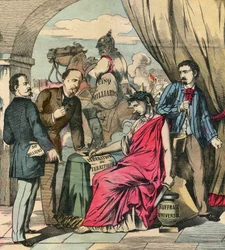 Frankfurt-traktaten, undertegnet 10. mai 1871, avsluttet den fransk-tyske krigen etter forhandlinger mellom Adolphe Thiers og Otto von Bismarck: Frankrike måtte avstå Alsace og deler av Lorraine, og betale 5 milliarder franc. Gravering, i «Le Figaro, tille
