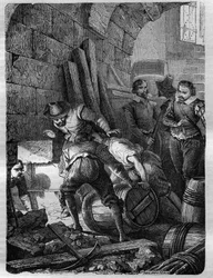 Kruttsammensvergelsen: Sammensvergelse av katolikker dannet for å myrde kong Jakob I, hans familie og deler av aristokratiet ved å sprenge Palace of Westminster (London) under parlamentets åpningsseremoni 5. november 1605. Gravering i «Historien om».