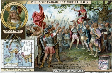 Herulerne, en germansk stamme i de romerske soldatenes tjeneste, utropte i 476 sin høvding Odoaker til konge av Italia (slutten på Romerriket) - Liebig-reklamemerke