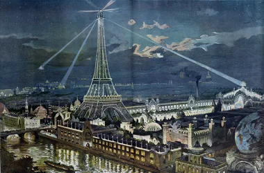 Illuminasjonene av Marsmarkens palass med lyskasterne plassert på Eiffeltårnet under Parisutstillingen