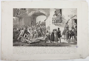 Innbyggerne som deponerer Grenoble-portene ved keiserens føtter, 6. mars 1815, utgitt av Martinet, 1815