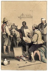 Den italienske maleren Antonio Allegri (kjent som Correggio eller Le Correge 1489-1534), støtter, skaper tegnet til et vertshus, for å betale for måltidet hans Tallerken hentet fra "" Scener av berømte menns liv""" gravering i to farger av Valerio. 1843.
