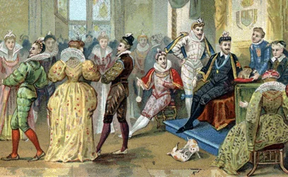 The King of France Henry III (1551-1589) surrounds his cuties. Chromolithography of the late 19th century
