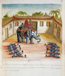 Kongen av Siam på sin elefant, fra en beretning om jesuittene i Siam, 1688 (wc på papir)