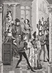 Kongens hoff eller storråd, etter en miniatyr i 'Chronicles of Froissart', fra 'Le Moyen Age et la Renaissance' av Paul Lacroix (1806-84) utgitt 1847