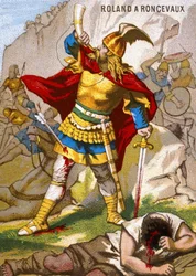 Ridderen Roland lar olifanten lyde i Roncesvaux. Roland, som ledet baktroppen i Karl den stores hær, ble overrasket av baskerne 15. august 778. Han blåste da i hornet sitt, for sent til at kongen kunne hjelpe ham. Kromolitografi fra serien Pa