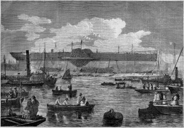 The “Leviathan” (Great Eastern), the first giant liner, during his attempt to launch in 1857. Engraving in “” Le Monde Illustré”” n°31 of 14 November 1857.