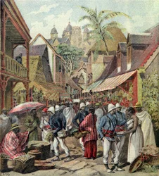 Madagaskarekspedisjonen, franske soldater i en gate i Tananarive, fra Le Petit Journal, 27. oktober 1895