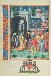 Den magiske hagen, med allegoriske figurer av høflighet, kjærlighet, skjønnhet og liberalitet, fra Roman de la Rose (gouache på pergament)