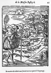 The Way in which to Reduce any form of Ground to the Surveying Square, illustrasjon fra LAgriculture et Maison Rustique av Charles Estienne, utgave publisert 1641