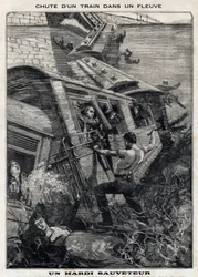 The New York Buffalo train falls into a river in the United States: a man tries to save passengers at risk of drowning. In “” Le Peute Parisien”” on 7/11/1897. Private Collection