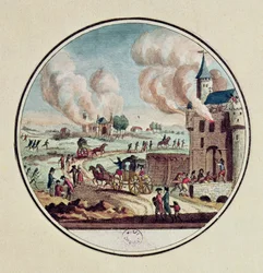 Plyndring og ødeleggelse av slott og emigrasjonen av prinser og hoffmenn i juli 1789 (fargegravering)