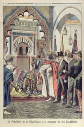 Presidenten for den franske republikk, Emile Loubet (1838-1929) på besøk i moskeen Sidi Bou Medine, Tlemcen, Algerie, illustrasjon fra Le Petit Journal, 3. mai 1903