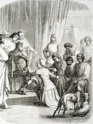 Dronningen av England (Philippa de Hainaut) ber takk til ektemannen Edward III for innbyggerne i Calais (episode av de 6 borgerlige i Calais)