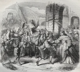 The Return of Gonesse, episode av Fronde: «Lady of Paris» ønsker velkommen til «Lady of Aubervilliers» og «Nouricier Gonesse» som kom for å forsyne henne. Gravering frondeuse 1649 - gravering i "Paris a travers les siecles"" av H. Gourdon de