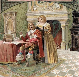 Sire of Beringhen og Madame du Fargis planla mot Richelieu (Armand Jean du Plessis, kardinal av Richelieu (1585-1642), minister for Louis XIII, ved Chateau of Azay-le-Rideau (Azay le Rideau) (Indre-et- Loire). Kromolitografi fra slutten av det 19