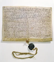 Statuttene for universitetet i Paris, produsert og gitt av kardinal Robert de Courson, pavelig legat, i august 1215 (vellum og voks)