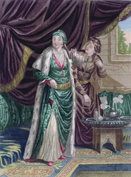 Sultana Asseki, fra Recueil destampes sur les Costumes du Levant, gravert av Gerard Jean Baptiste Scotin (1671-1716) 1707-08