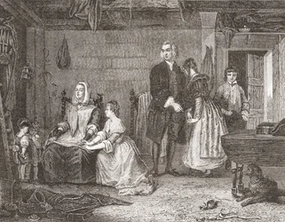 Vicar of Wakefield forsoner sin kone med Olivia, etter maleriet av Gilbert Stuart Newton. Fra Histoire des Peintres, École Anglaise, utgitt 1867 (litho)