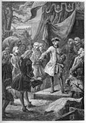 The War of the Austrian Succession (1740-1748) - Ambassadors of the United Provinces present themselves before Louis XV in 1747 - The War of the Austrian Succession (1740-48) - Louis XV, King of France and the Ambassador of Netherlands - engraving from “” 